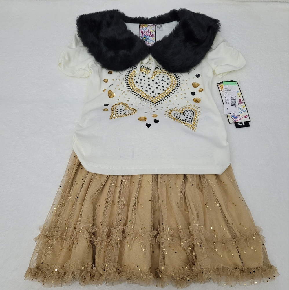 girl code Little Girls Cream & Gold Rhinestone Bedazzled Heart Shirt Tulle tutu